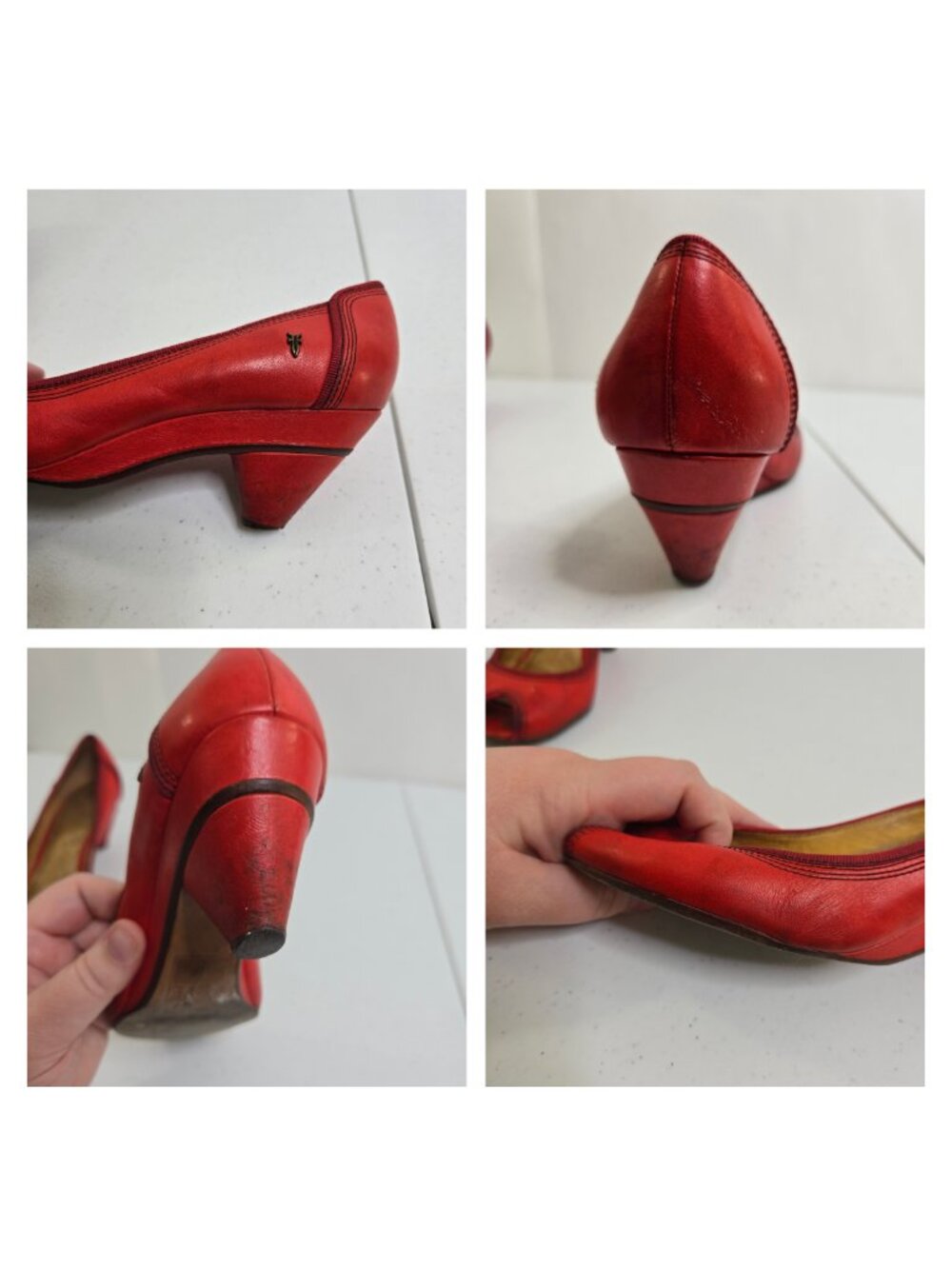 Frye Red Ada Pump Peep Toe 7.5 Low Heel Pumps Heels Bright Y2K Leather - Picture 7 of 9